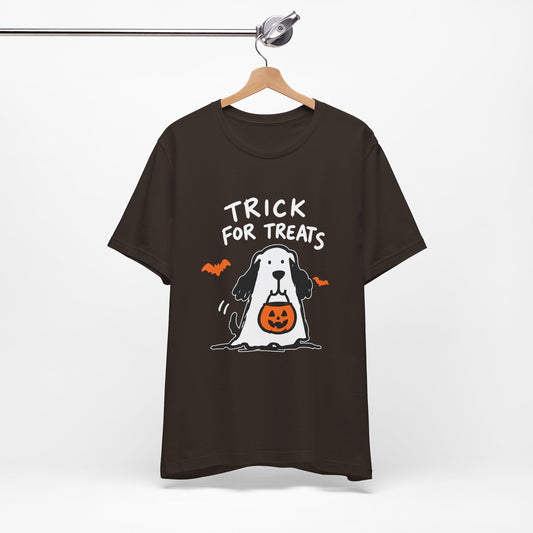 Halloween Dog T-Shirt - "Trick for Treats" Puppy with Pumpkin Candy Bag