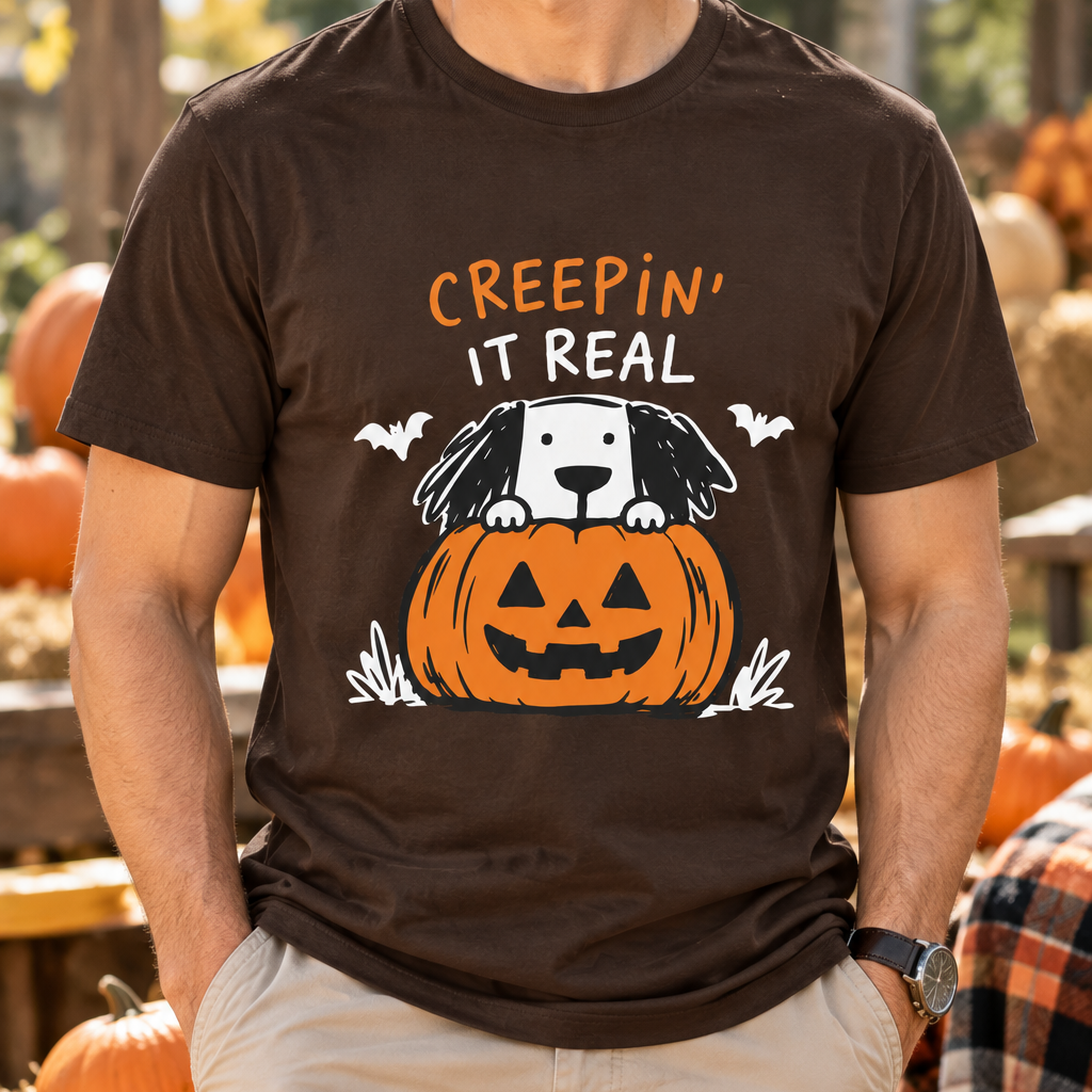 Creepin' It Real Halloween T-Shirt — Dog in Jack-O'-Lantern Tee