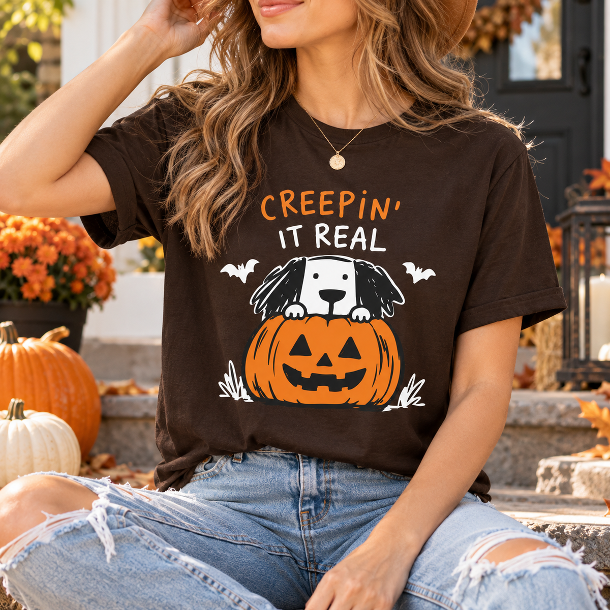 Creepin' It Real Halloween T-Shirt — Dog in Jack-O'-Lantern Tee