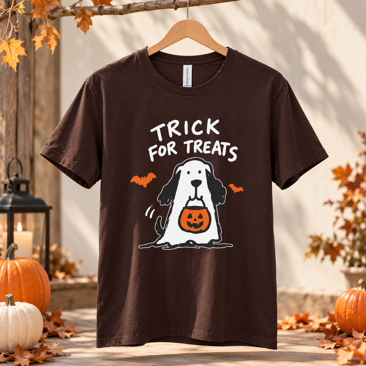 Halloween Dog T-Shirt - "Trick for Treats" Puppy with Pumpkin Candy Bag