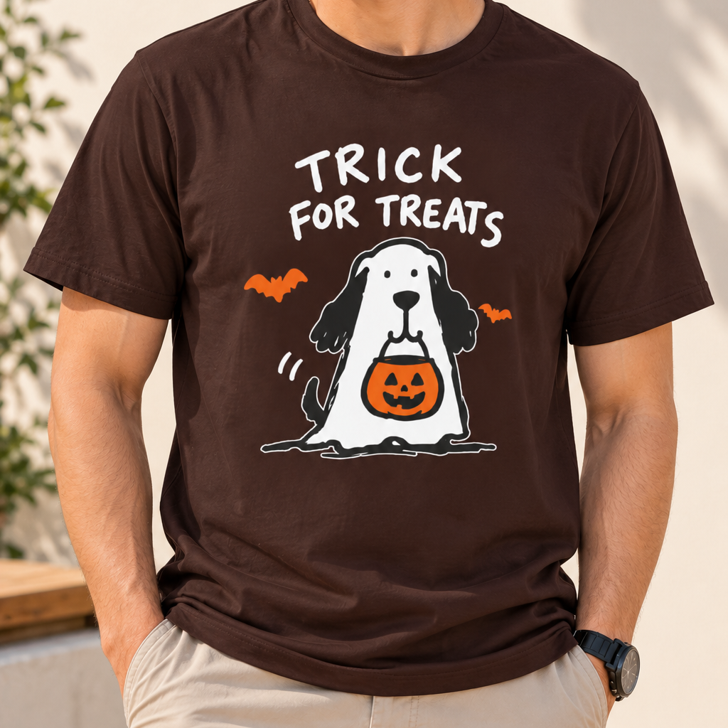 Halloween Dog T-Shirt - "Trick for Treats" Puppy with Pumpkin Candy Bag