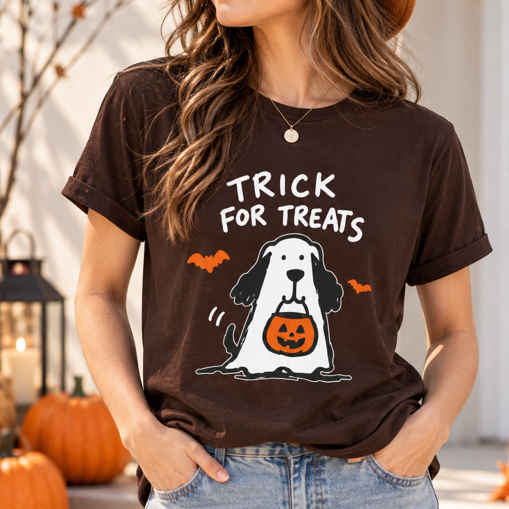 Halloween Dog T-Shirt - "Trick for Treats" Puppy with Pumpkin Candy Bag