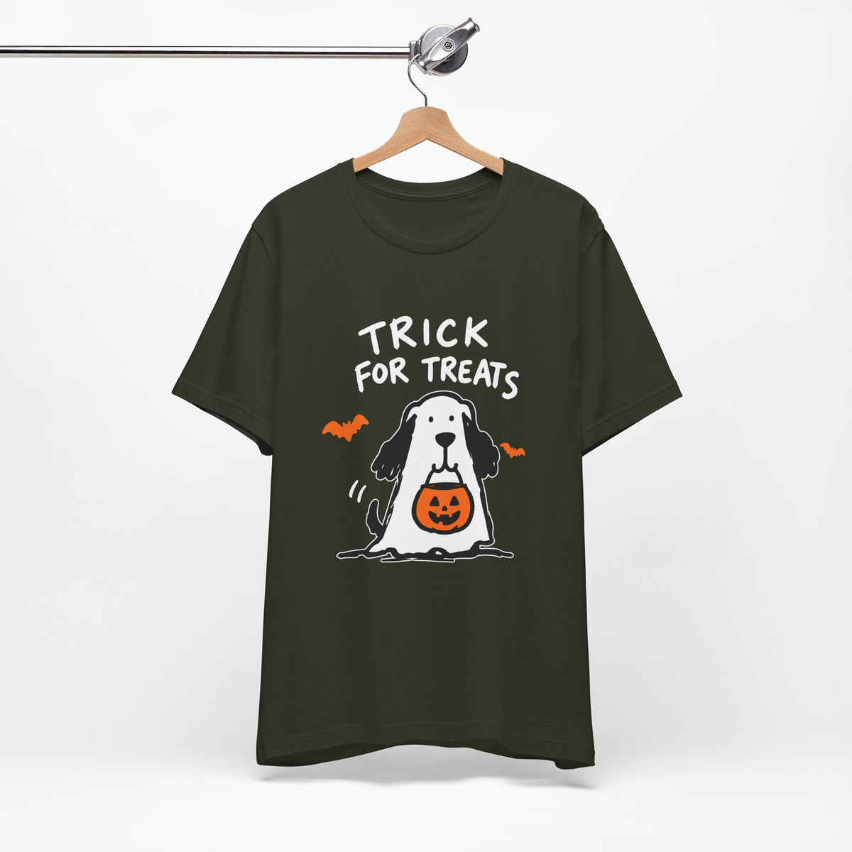 Halloween Dog T-Shirt - "Trick for Treats" Puppy with Pumpkin Candy Bag